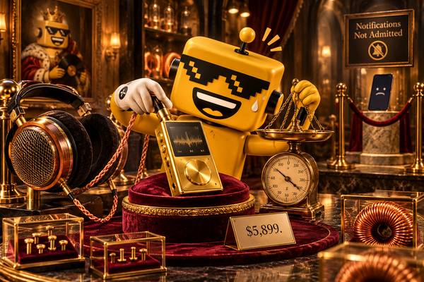  SiliconSnark robot weighs a gold Sony Walkman in a luxurious listening room.