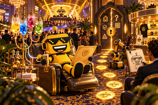 robot at a fintech convention surrounded by a hydration stand, robot portraits, escape puzzles, and golden licenses.