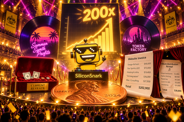 SiliconSnark’s yellow robot celebrates a 200x chart above a penny while large invoices spill from behind a curtain.