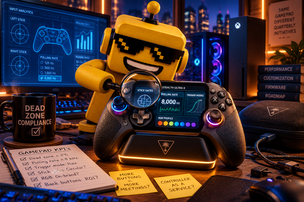 SiliconSnark robot examines a touchscreen gaming controller on a charging dock in a neon gaming office.