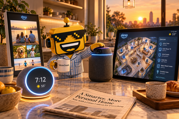 SiliconSnark’s robot surveys Amazon Alexa clocks, frames, speakers, and a large smart-home display.
