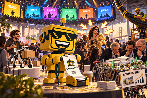 SiliconSnark’s yellow robot collects a badge amid startup demos, investors, and a convention hall in a shopping cart.