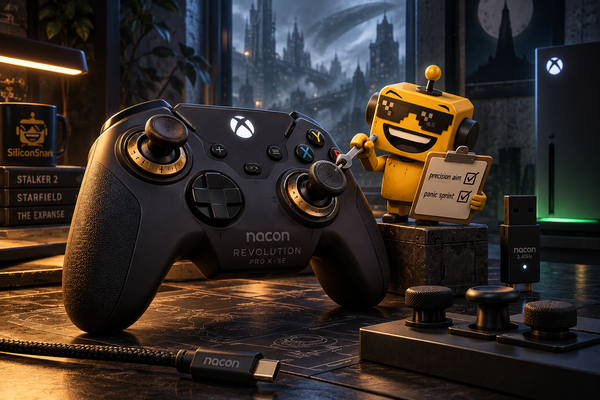 SiliconSnark robot adjusts the thumbstick tension ring on a NACON Revolution Pro X–SE controller in a minimalist gaming room.