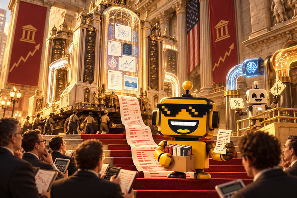 SiliconSnark’s yellow robot compares a box of books with a giant AI server and its long computing bill on Wall Street.