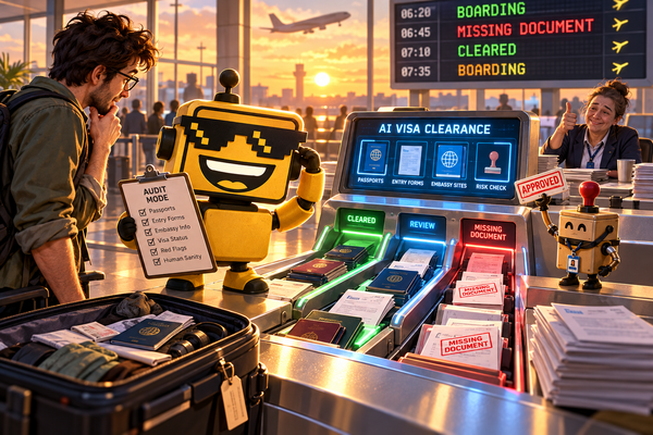 SiliconSnark robot audits visa documents at an airport clearance kiosk while a traveler waits beside a suitcase.