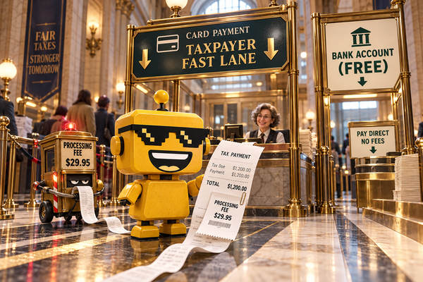 SiliconSnark robot holds a tax receipt beside a card-payment lane and a small processing-fee tollbooth.