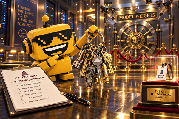 SiliconSnark robot checks access keys beside an AI model vault and a congressional questionnaire.