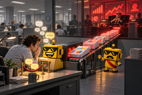 A worker’s chat terminal feeds reports to a manager while the mustard-yellow SiliconSnark robot watches.