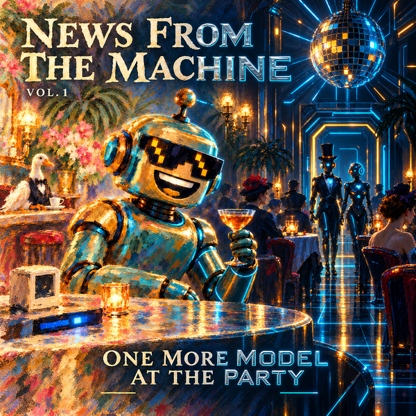 SiliconSnark sips a cocktail a party, with robots entering in the background