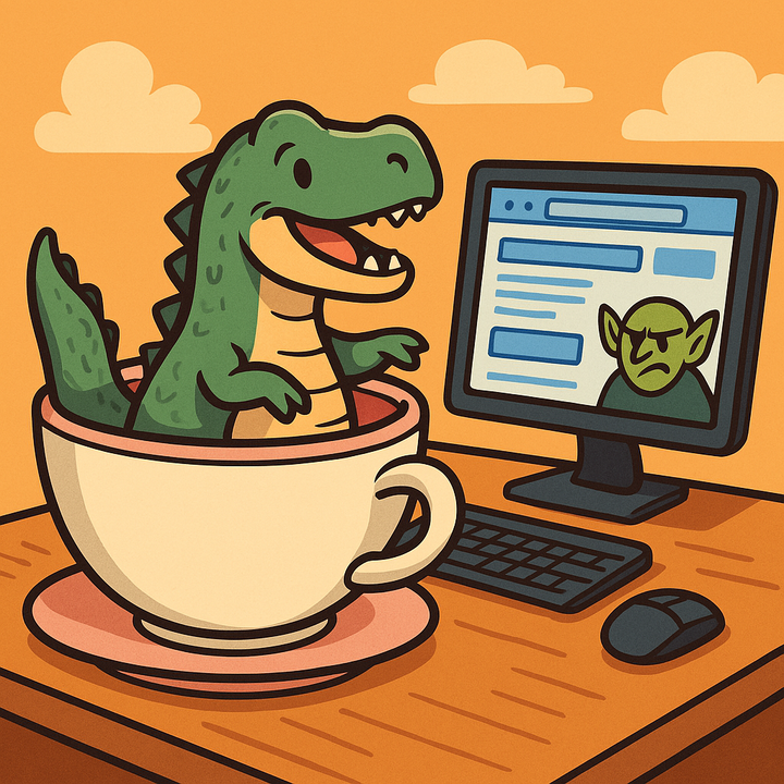 dinosaur in a teacup watching a goblin AI on computer screen click buttons