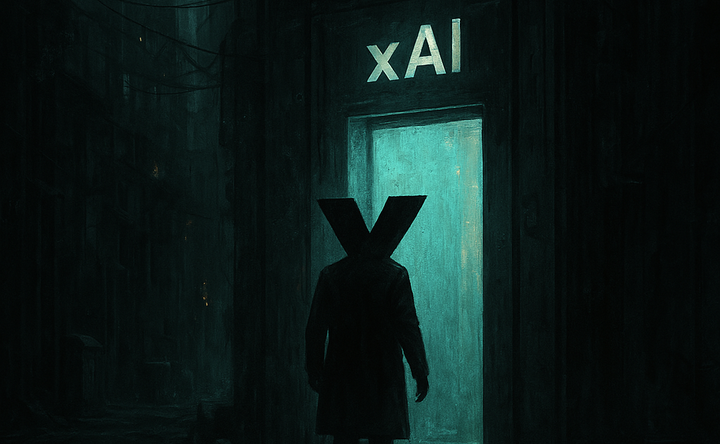 A man with an X head walking through an xAI door