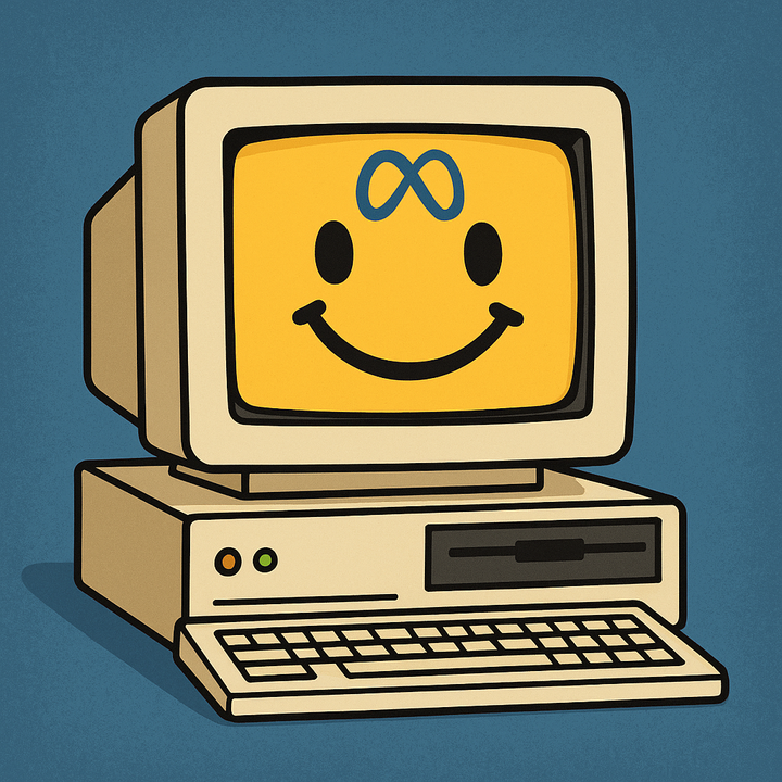 an old school desktop computer with a big smile on its face and the meta logo on its forehead