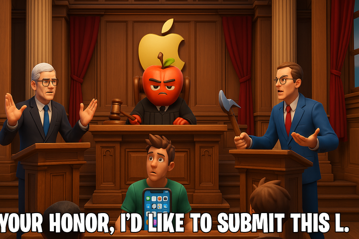 Cartoon Fortnite-style courtroom with Apple and Epic avatars arguing over app access.