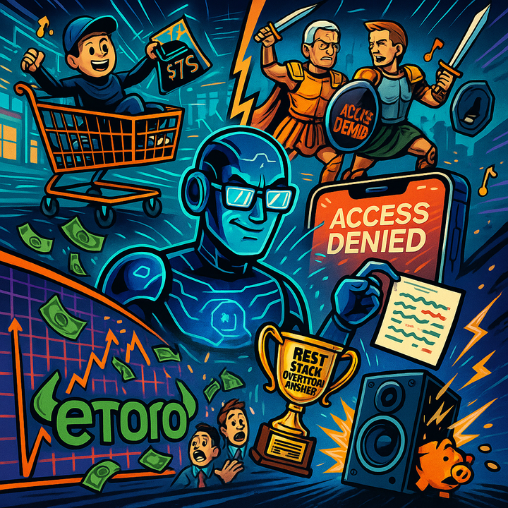Comic-style illustration showing AI, Roblox, Apple, eToro, and high-end speakers wreaking financial and digital chaos.