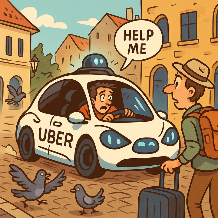 A cartoon-style image showing a sleek, futuristic Uber car with glowing eyes