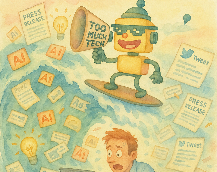 Cartoon wave of tech crashes over worker while SiliconSnark robot surfs with a megaphone.