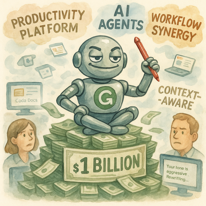 Watercolor of a smug Grammarly robot on a money pile surrounded by AI buzzwords and confused office workers.