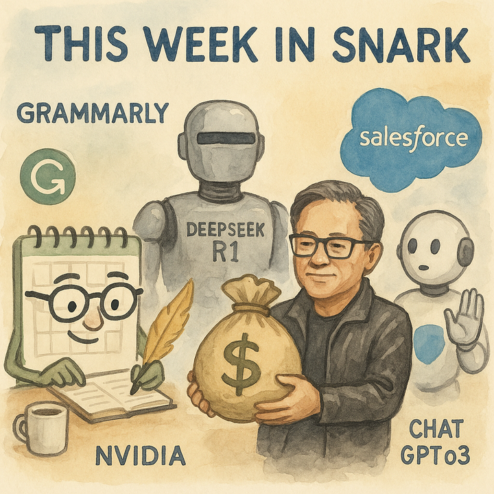 Watercolor illustration of tech-themed characters representing Grammarly, DeepSeek, NVIDIA, Salesforce, and ChatGPT o3.