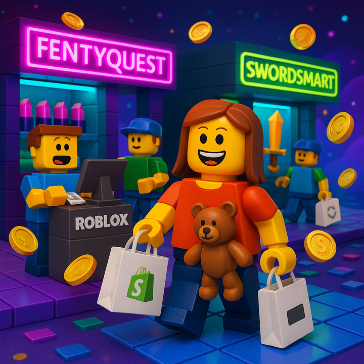 Lego-style Roblox avatars shop at glowing in-game stores labeled "FentyQuest" and "SwordSmart," surrounded by falling gold coins.