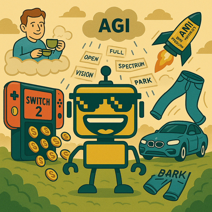 Cartoon-style image of the SiliconSnark robot surrounded by chaotic tech icons including a Switch 2, BMW, and Sam Altman on a cloud.