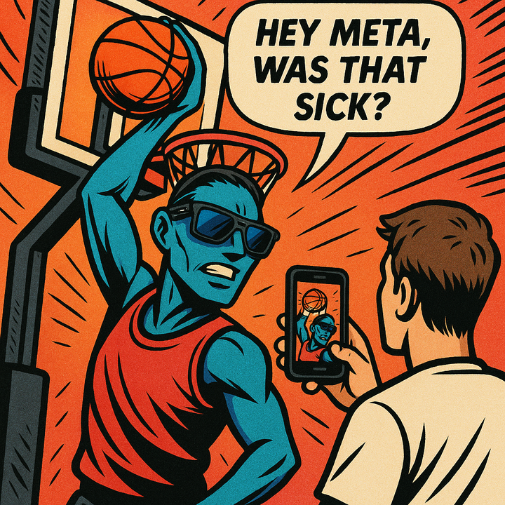 AI avatar in Oakley Meta HSTN glasses dunks while asking Meta for feedback.