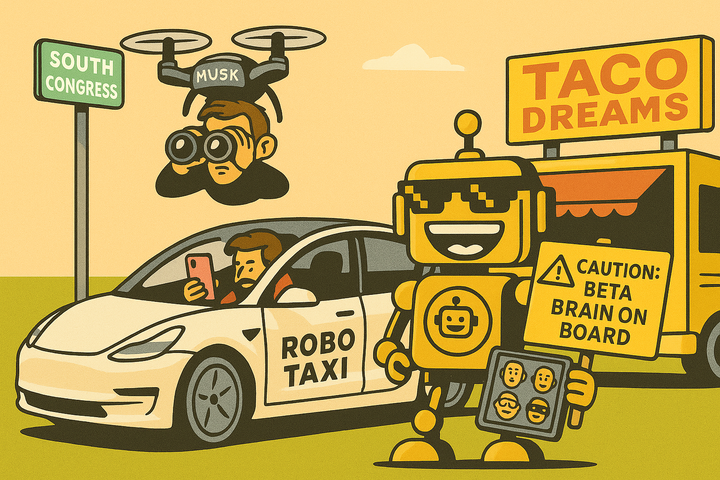 Cartoon scene of a Tesla robotaxi, SiliconSnark robot, and Elon Musk drone above a taco truck.