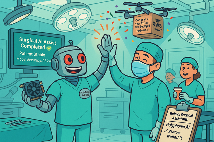 Robot surgeon in scrubs high-fives a human doctor in a futuristic OR as confetti falls and an AWS drone delivers a box.
