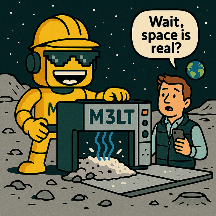 Cartoon of SiliconSnark robot building a Moon launch pad while a surprised reporter reacts.