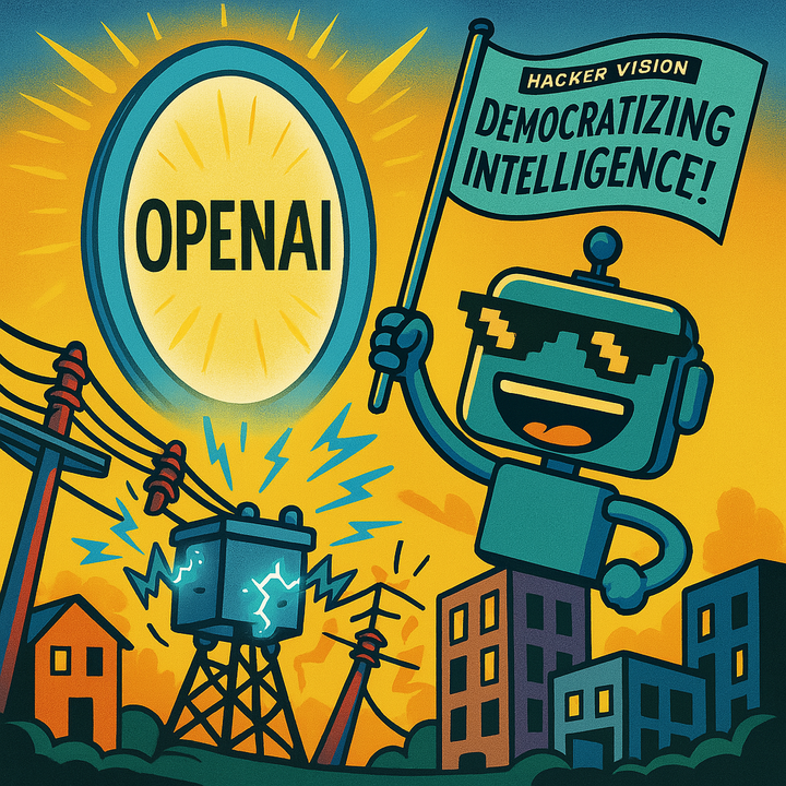 Cartoon image of a power-hungry OpenAI portal draining the grid as a SiliconSnark robot cheers on with a "Democratizing Intelligence!" flag.