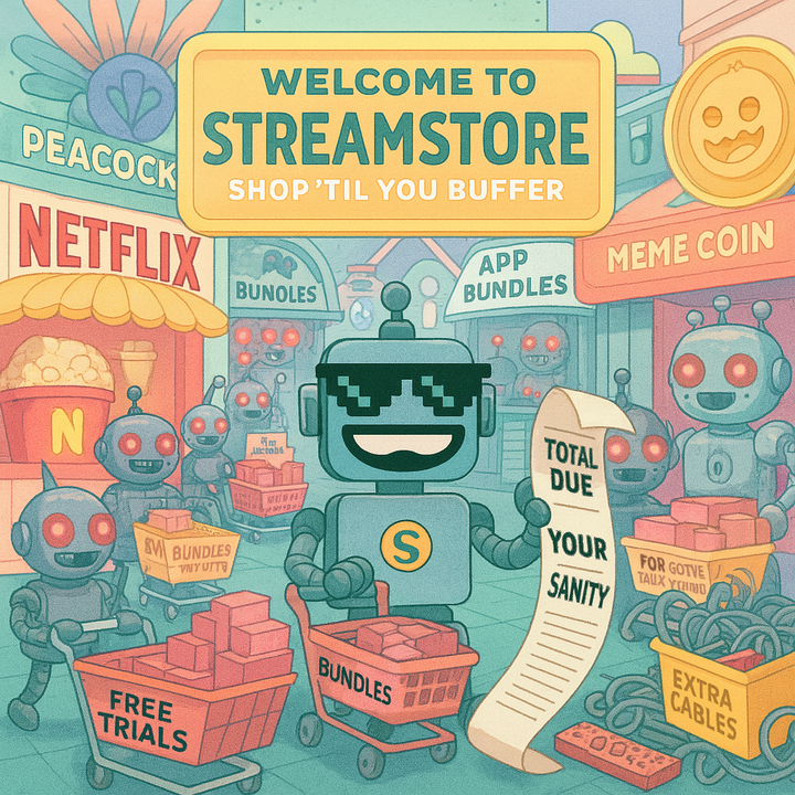 A pastel cartoon mall called StreamStore is filled with robots shopping for app bundles. The SiliconSnark robot grins while holding a massive receipt labeled “Total Due: Your Sanity.”