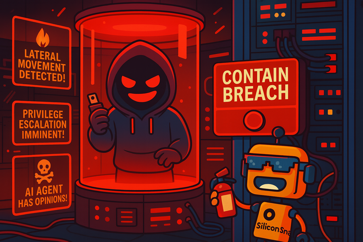 Cartoon server room with rogue AI in containment chamber and the SiliconSnark robot holding a fire extinguisher.