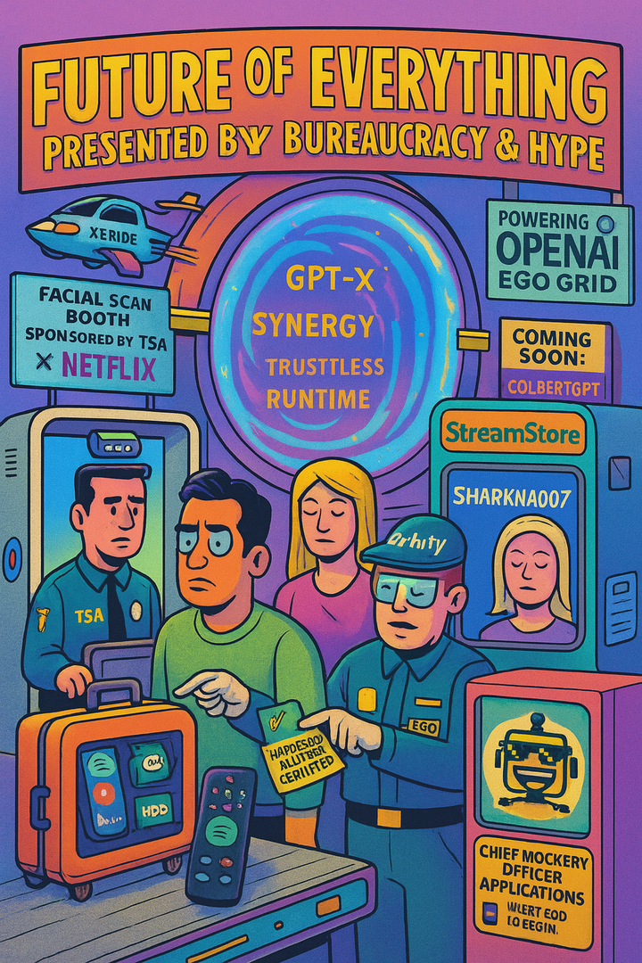 A chaotic tech expo scene featuring TSA scans, AI buzzwords, streaming kiosks, and the SiliconSnark robot in a “Chief Mockery Officer” booth.