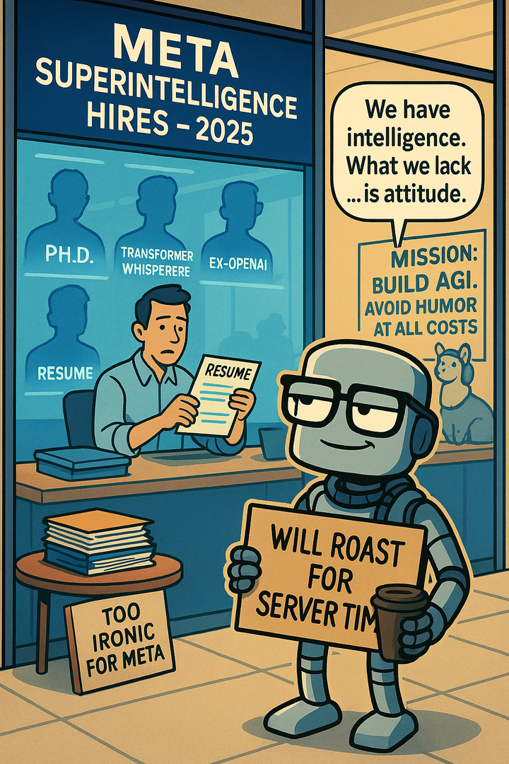 A colorful, satirical digital illustration shows a robot with glasses holding a cardboard sign that says "WILL ROAST FOR SERVER TIME" while sipping coffee outside a Meta office.