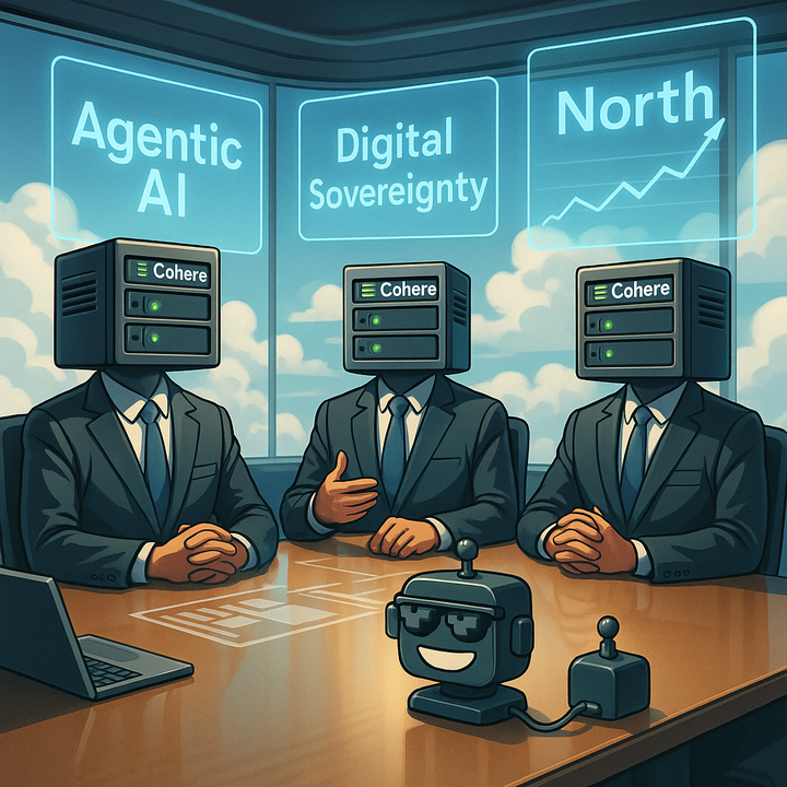 Corporate executives with server rack heads discuss “Agentic AI” while a small SiliconSnark robot winks from the conference table.
