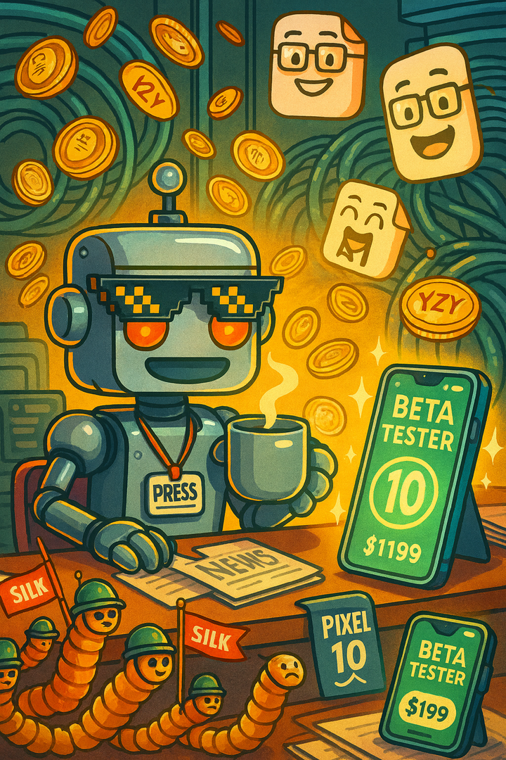Cartoon newsroom scene of the SiliconSnark robot sipping coffee while surrounded by YZY coins, worm soldiers, AI PDFs, and overpriced Pixel 10 beta phones.