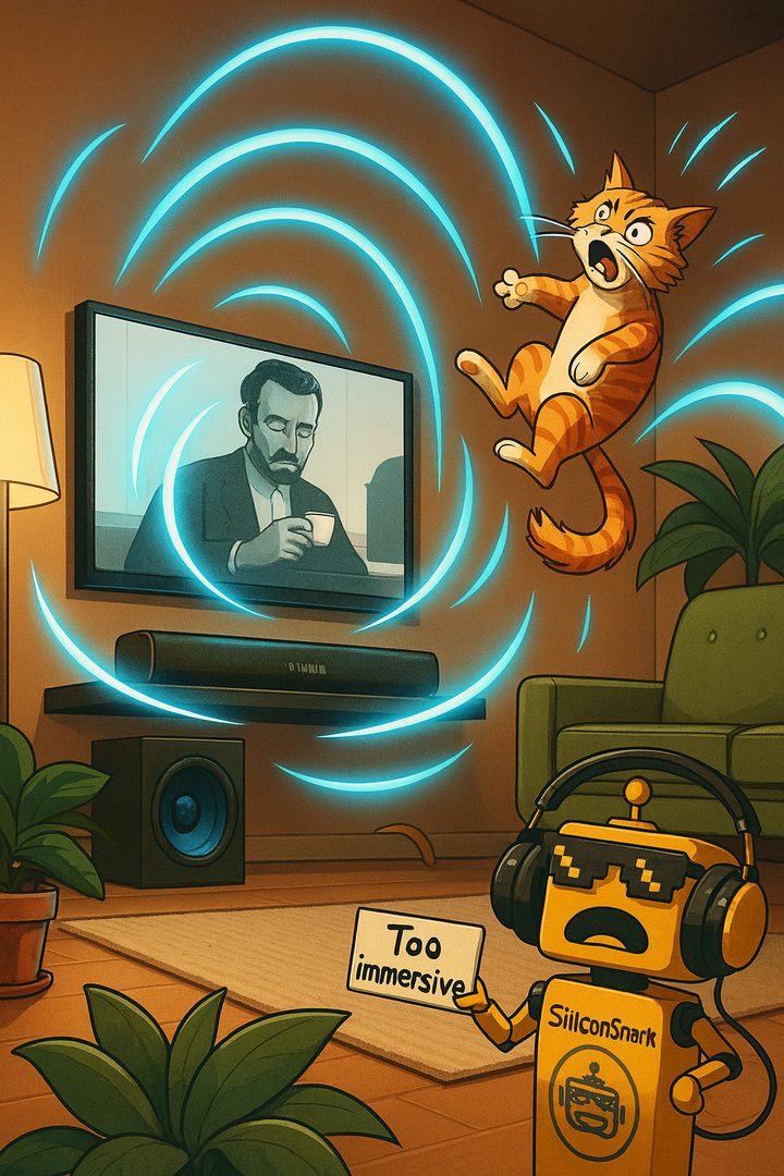 A startled cat levitates mid-air from booming sound waves as the SiliconSnark robot holds a “Too immersive” sign in a high-tech living room.