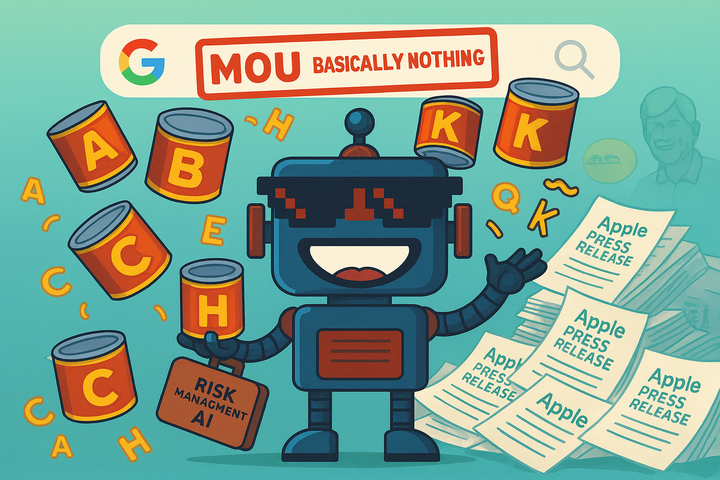 Cartoon SiliconSnark robot juggling alphabet soup cans labeled Series A–K while drowning in Apple press releases under a giant “MOU Basically Nothing” and “Unindexed” stamp.