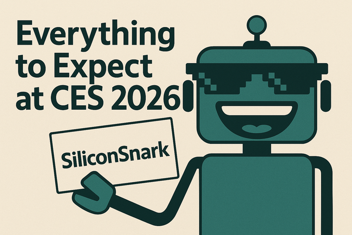SiliconSnark robot with pixelated sunglasses hands out a branded business card beside the bold title “Everything to Expect at CES 2026.”