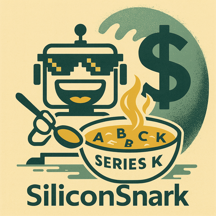 Cartoon-style SiliconSnark robot eats alphabet soup labeled “Series K” with dollar signs rising in the background.