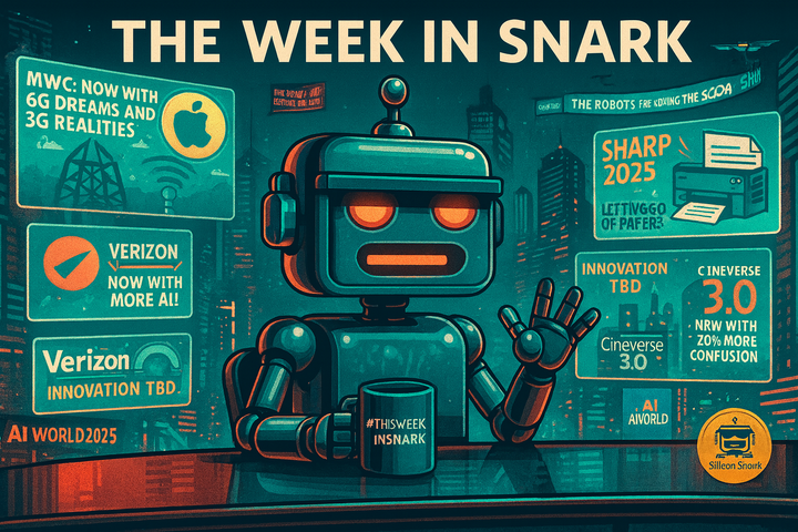 Futuristic newsroom scene featuring the SiliconSnark robot anchoring “This Week in Snark,” surrounded by holographic headlines.