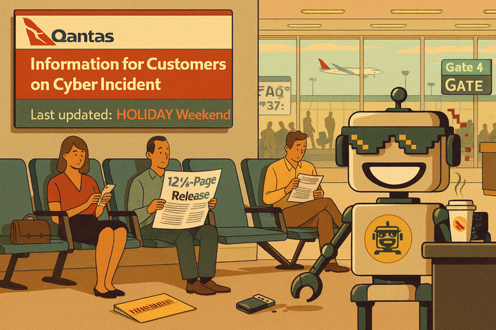 Cartoon of the SiliconSnark robot sipping coffee in an airport as passengers read Qantas’ “Holiday Weekend” cyber incident update.