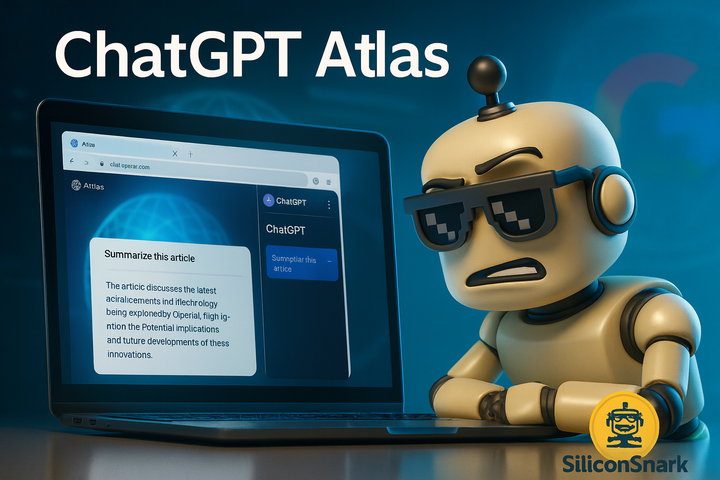 The SiliconSnark robot leans skeptically toward a laptop displaying the new ChatGPT Atlas browser, glowing with futuristic blue light.