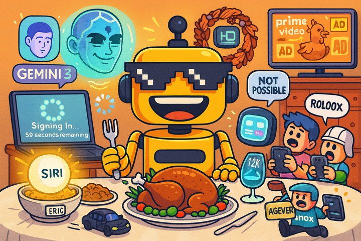 SiliconSnark robot at a chaotic tech-themed Thanksgiving table surrounded by glitching gadgets.