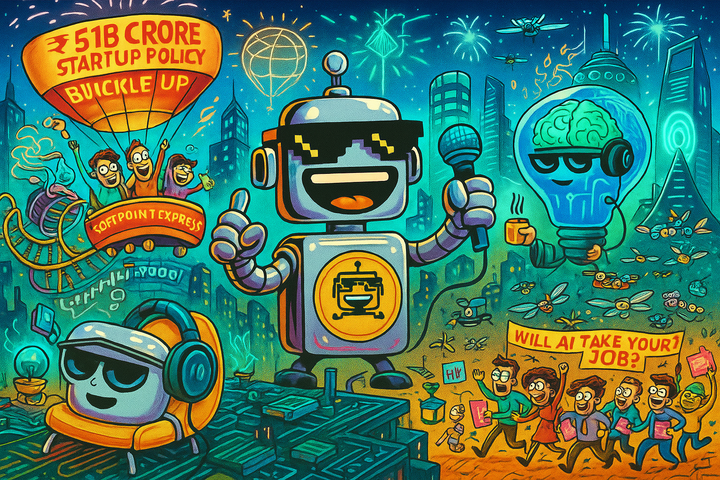 The SiliconSnark robot hosts a chaotic futuristic carnival of biotech rides, AI brains, flying IoT drones, and startup mayhem.