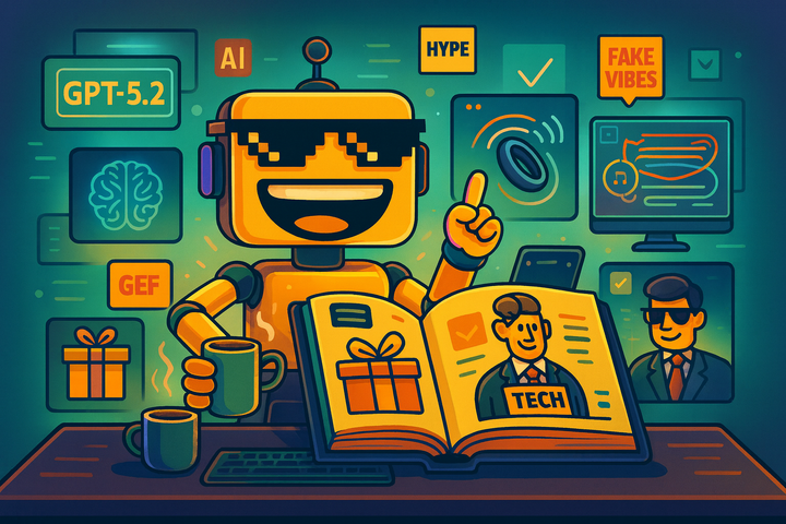 SiliconSnark’s grinning robot in pixelated sunglasses presides over a chaotic tech newsroom, snarking on AI hype, gadgets, and corporate “innovation.”