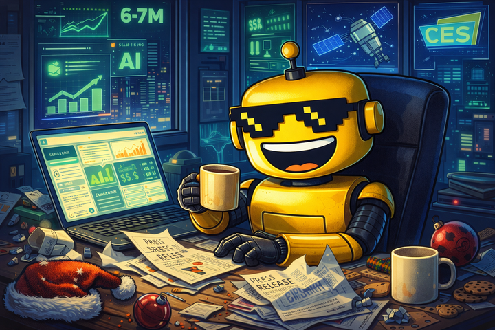 SiliconSnark robot working through Christmas surrounded by AI headlines, startup funding charts, and tech press releases