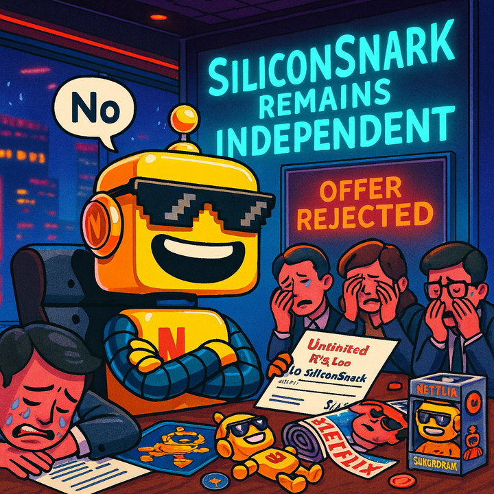 SiliconSnark robot grins and rejects Netflix’s offer as devastated executives weep in a boardroom.