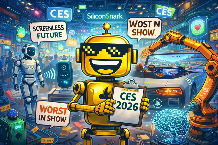 SiliconSnark robot laughing inside a chaotic CES 2026 show floor surrounded by humanoid robots, screenless gadgets, and a PlayStation-powered car.