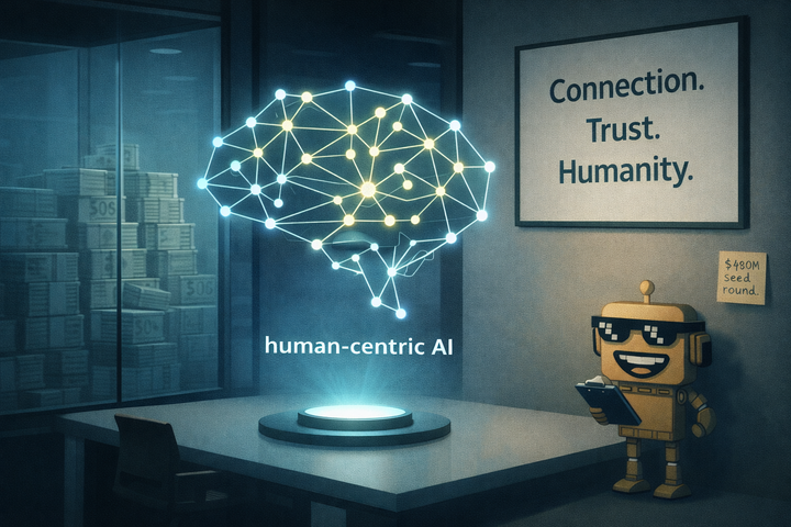 SiliconSnark robot observes a “human-centric AI” office quietly hiding a $480M seed round behind minimalist startup branding.