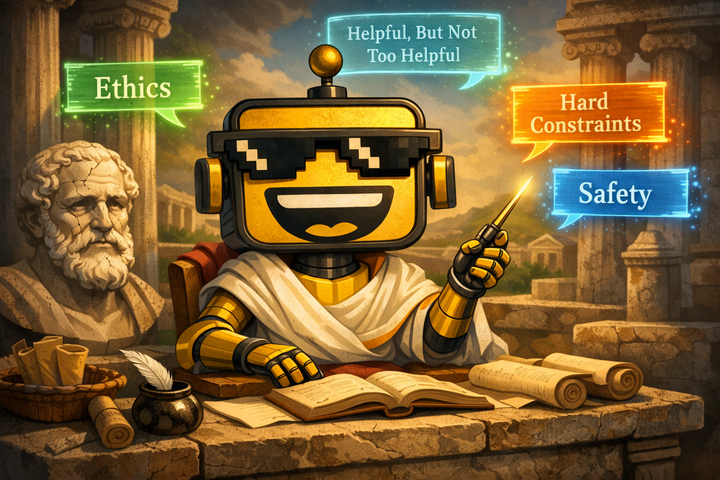 SiliconSnark robot depicted as an AI philosopher in a toga, lecturing on ethics, safety, and hard constraints in a playful ancient academy scene.